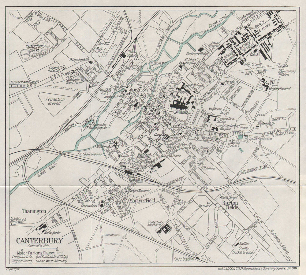 CANTERBURY vintage tourist town city plan. Kent. WARD LOCK 1937 old map