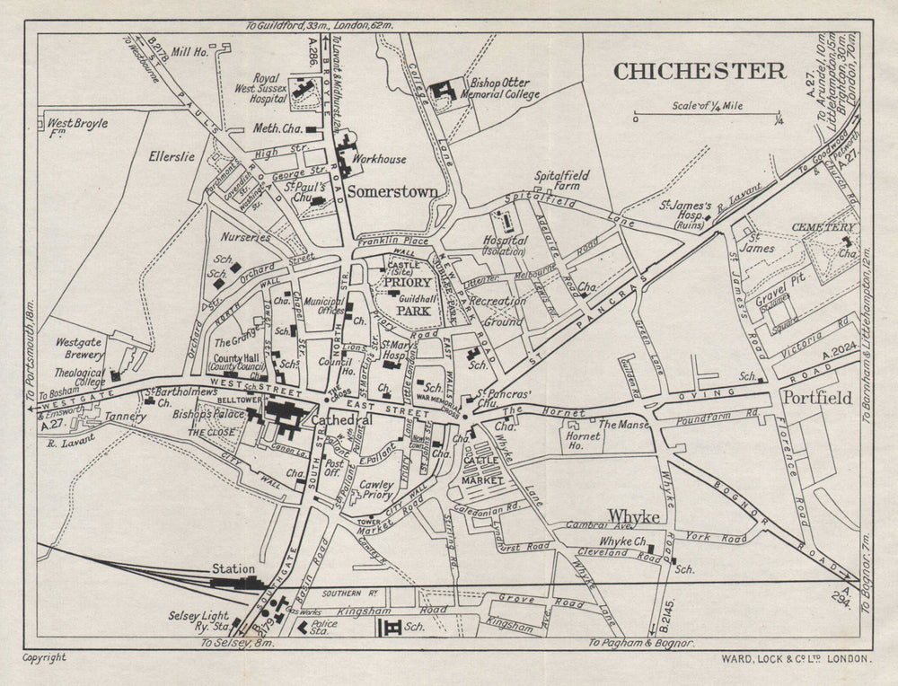 CHICHESTER vintage tourist town city plan. Sussex. WARD LOCK 1940 old map