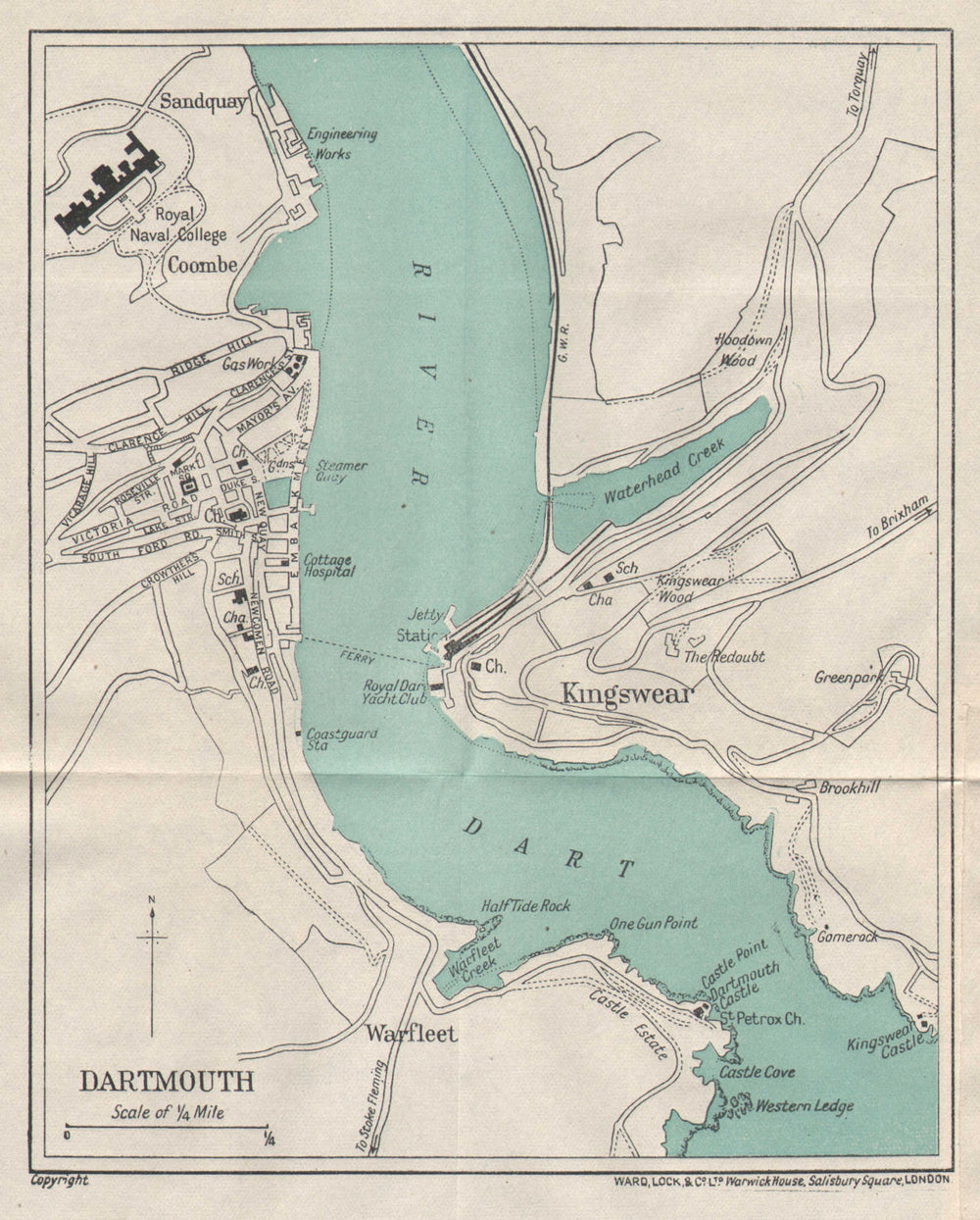 DARTMOUTH vintage tourist town city plan. Devon. WARD LOCK 1922 old map