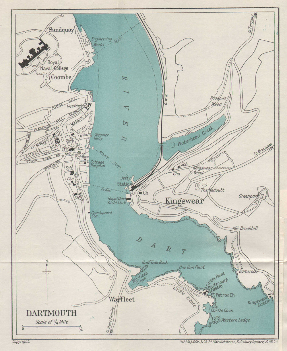 DARTMOUTH vintage tourist town city plan. Devon. WARD LOCK 1925 old map