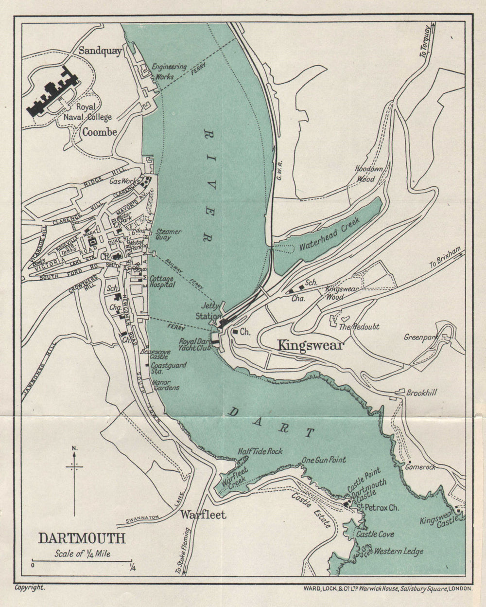 DARTMOUTH vintage tourist town city plan. Devon. WARD LOCK 1930 old map