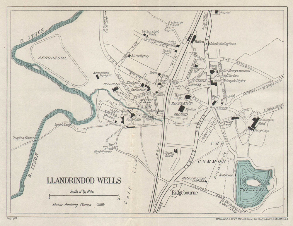 LLANDRINDOD WELLS vintage tourist town city plan. Wales. WARD LOCK 1939 map