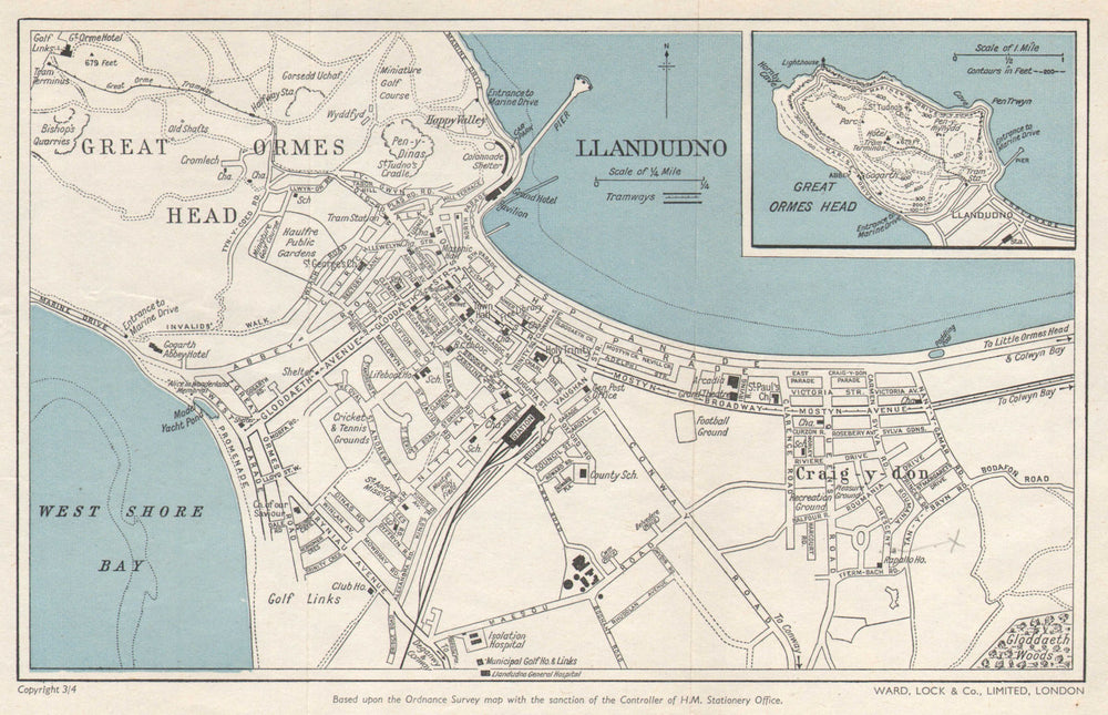LLANDUDNO vintage town city plan. Great Orme's Head. Wales. WARD LOCK 1961 map