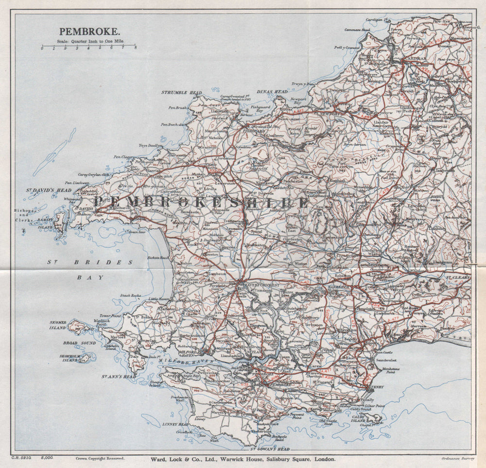 PEMBROKESHIRE. Cardigan Pembroke Tenby St David's. Wales. WARD LOCK 1936 map