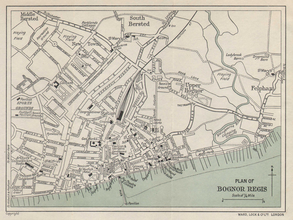 BOGNOR REGIS vintage tourist town city resort plan. Sussex. WARD LOCK 1940 map