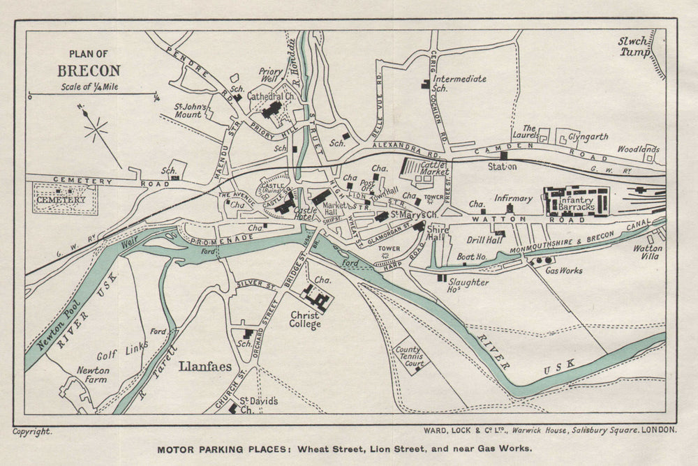 BRECON vintage tourist town city plan. Wales. WARD LOCK 1936 old vintage map