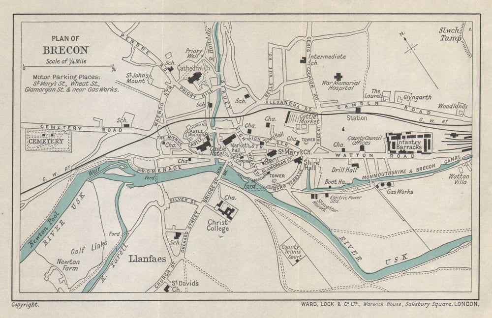 BRECON vintage tourist town city plan. Wales. WARD LOCK 1938 old vintage map