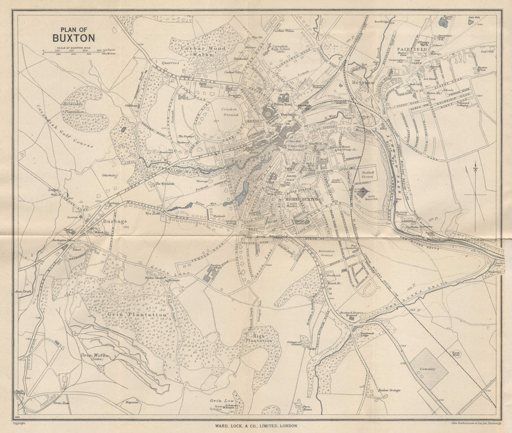 BUXTON vintage tourist town city plan. Derbyshire. WARD LOCK 1950 old map