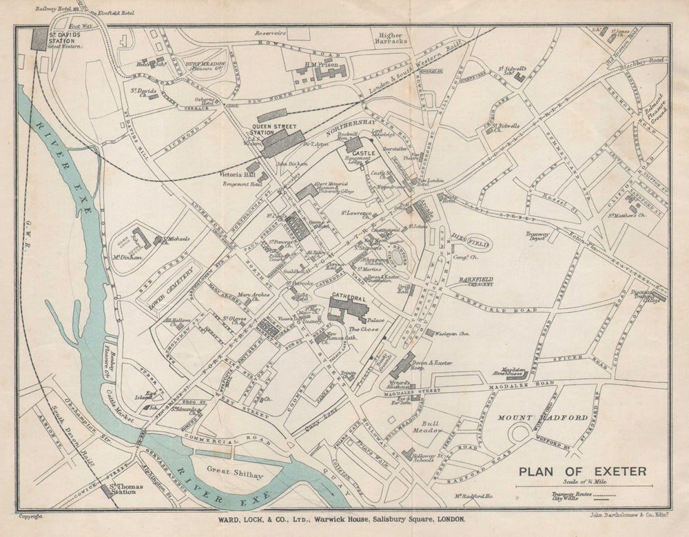EXETER vintage tourist town city plan. Devon. WARD LOCK 1912 old antique map
