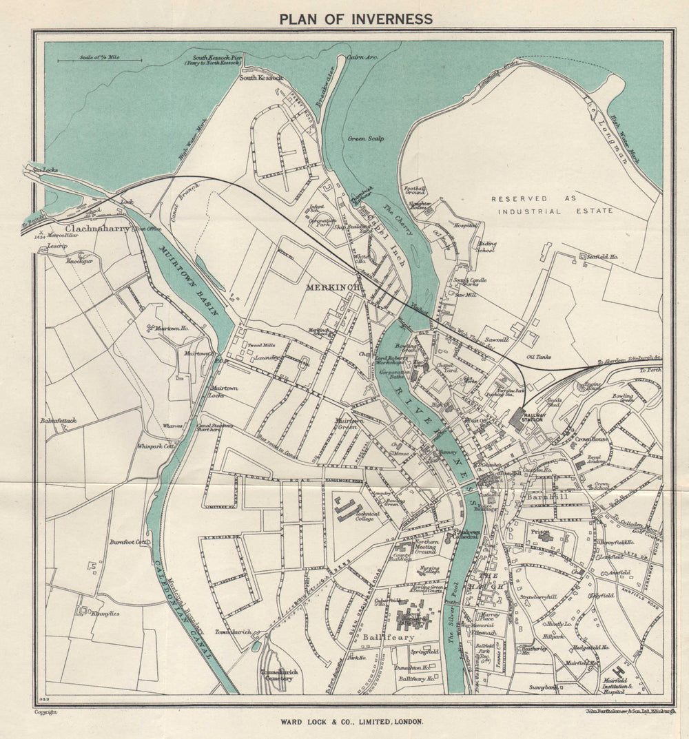 INVERNESS vintage tourist town city plan. Scotland. WARD LOCK 1952 old map