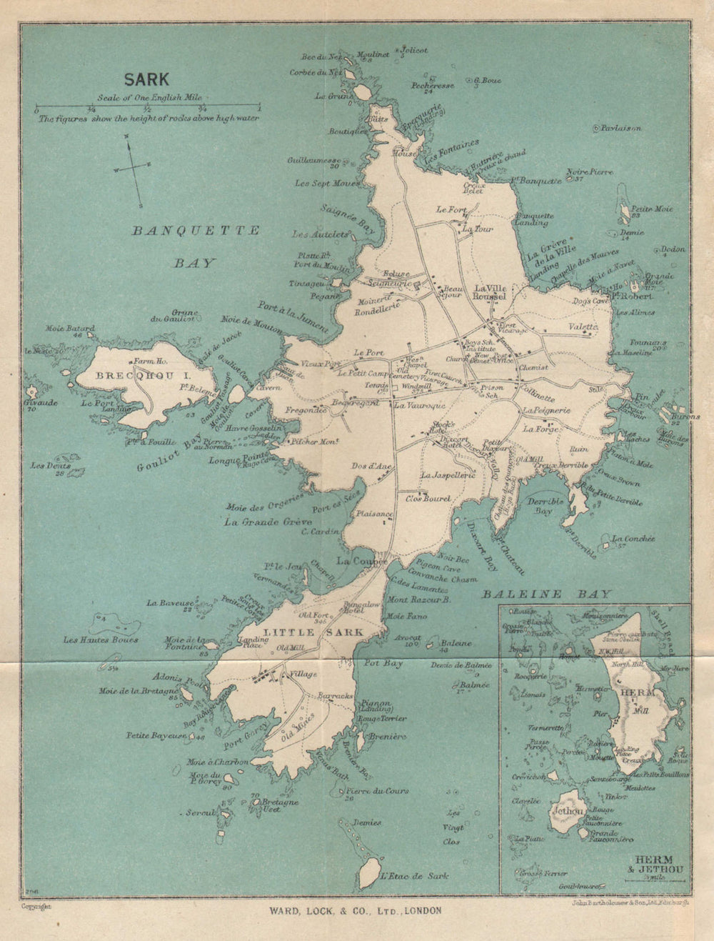 SARK vintage tourist map. Herm & Jethou. Channel Islands. WARD LOCK 1950