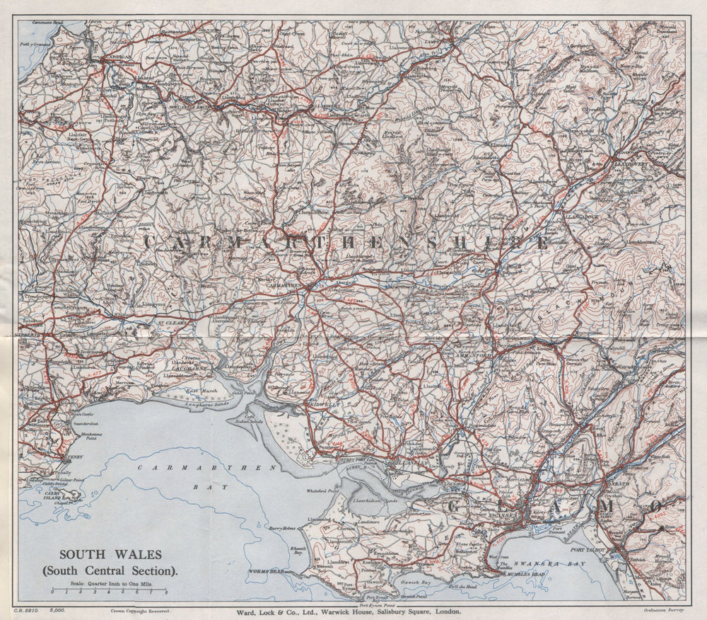 SOUTH WALES Cardigan Swansea Neath Carmarthen Llanelli Tenby. WARD LOCK 1936 map