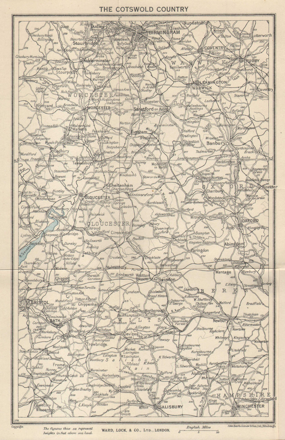 THE COTSWOLDS Gloucester Cheltenham Oxford Bath Cirencester. WARD LOCK 1945 map
