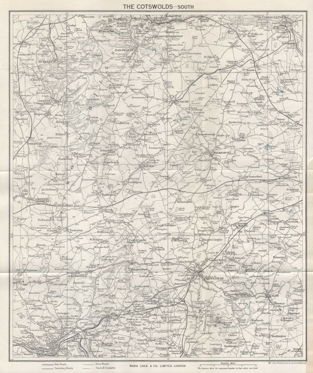 SOUTH COTSWOLDS vintage map. Bath Cirencester Chippenham Tetbury. WARD LOCK 1964