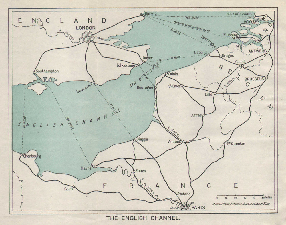 ENGLISH CHANNEL vintage tourist map. Ferry routes. Ports. WARD LOCK 1928
