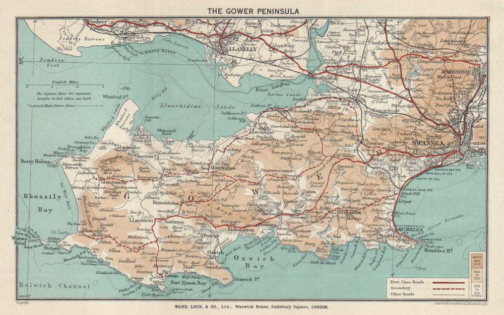 THE GOWER PENINSULA. Llanelli Swansea Mumbles. Wales. WARD LOCK 1936 old map