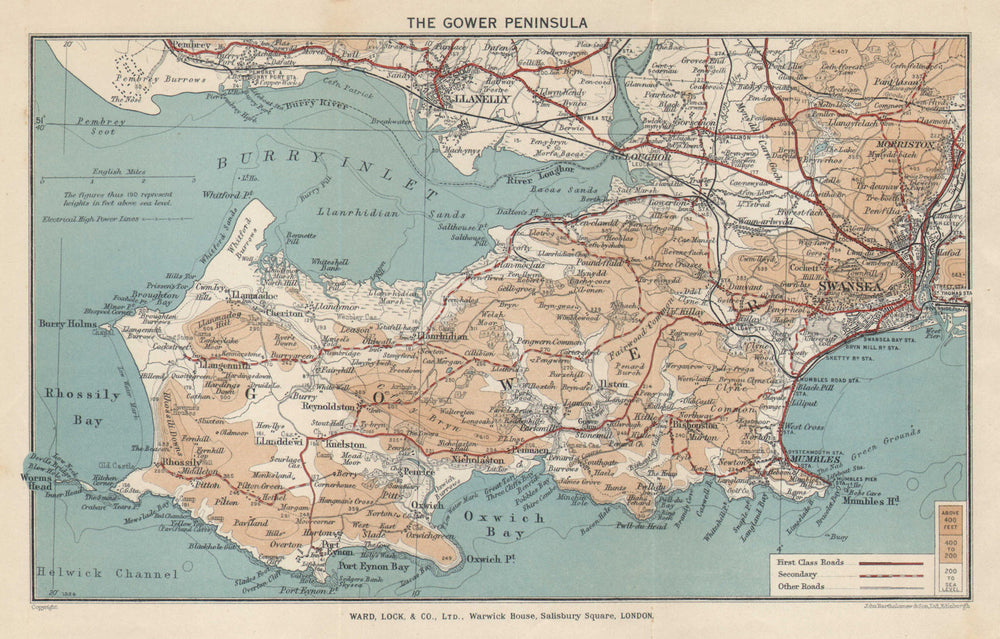 THE GOWER PENINSULA. Llanelli Swansea Mumbles. Wales. WARD LOCK 1938 old map