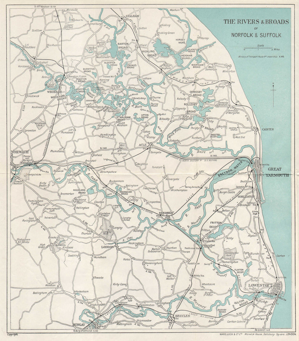 THE NORFOLK BROADS. Great Yarmouth Lowestoft Beccles Norwich. WARD LOCK 1928 map