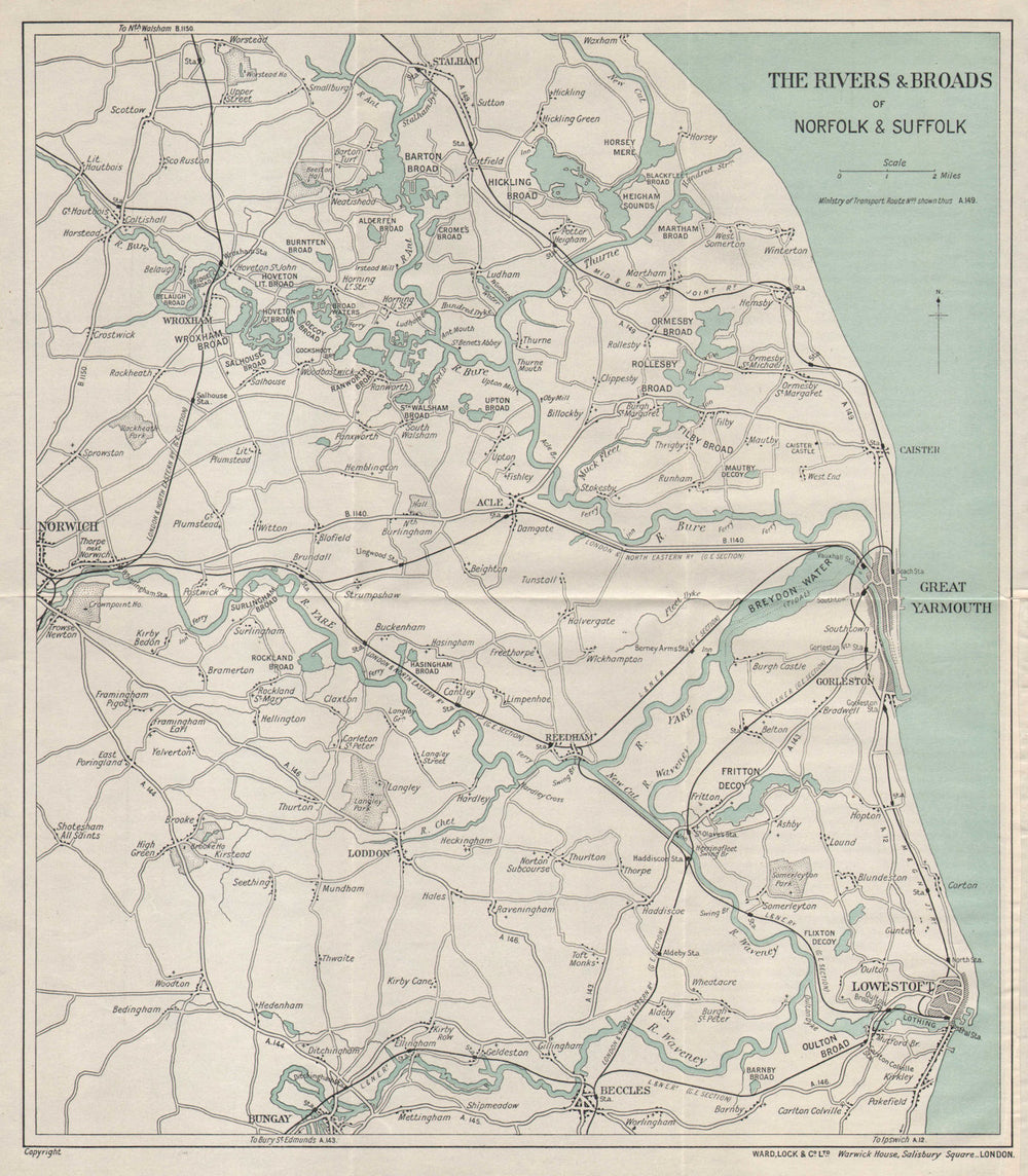 THE NORFOLK BROADS. Great Yarmouth Lowestoft Beccles Norwich. WARD LOCK 1931 map
