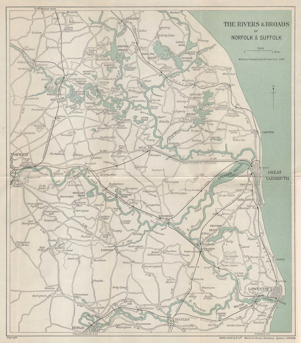 THE NORFOLK BROADS. Great Yarmouth Lowestoft Beccles Norwich. WARD LOCK 1937 map