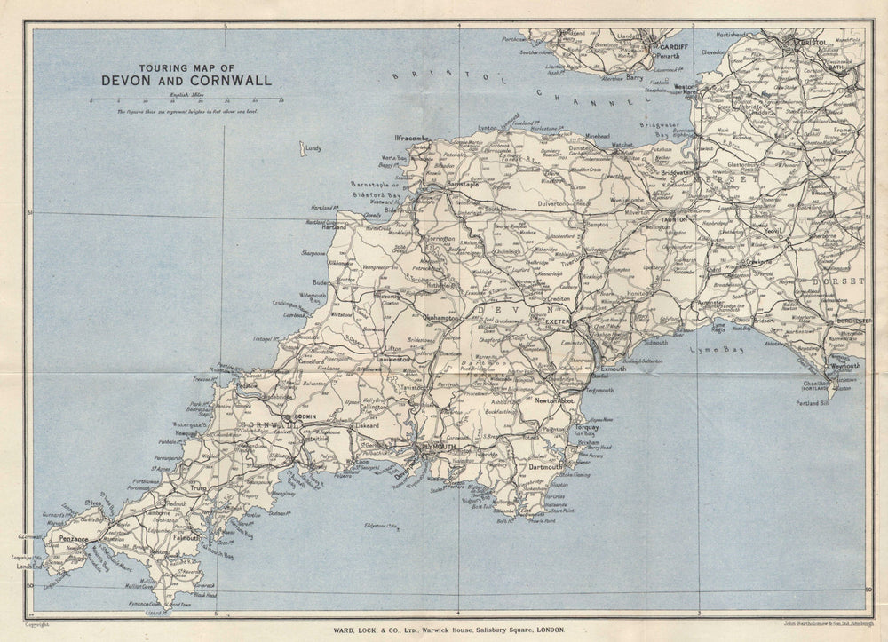 TOURING MAP OF DEVON AND CORNWALL. South West England. WARD LOCK 1944 old