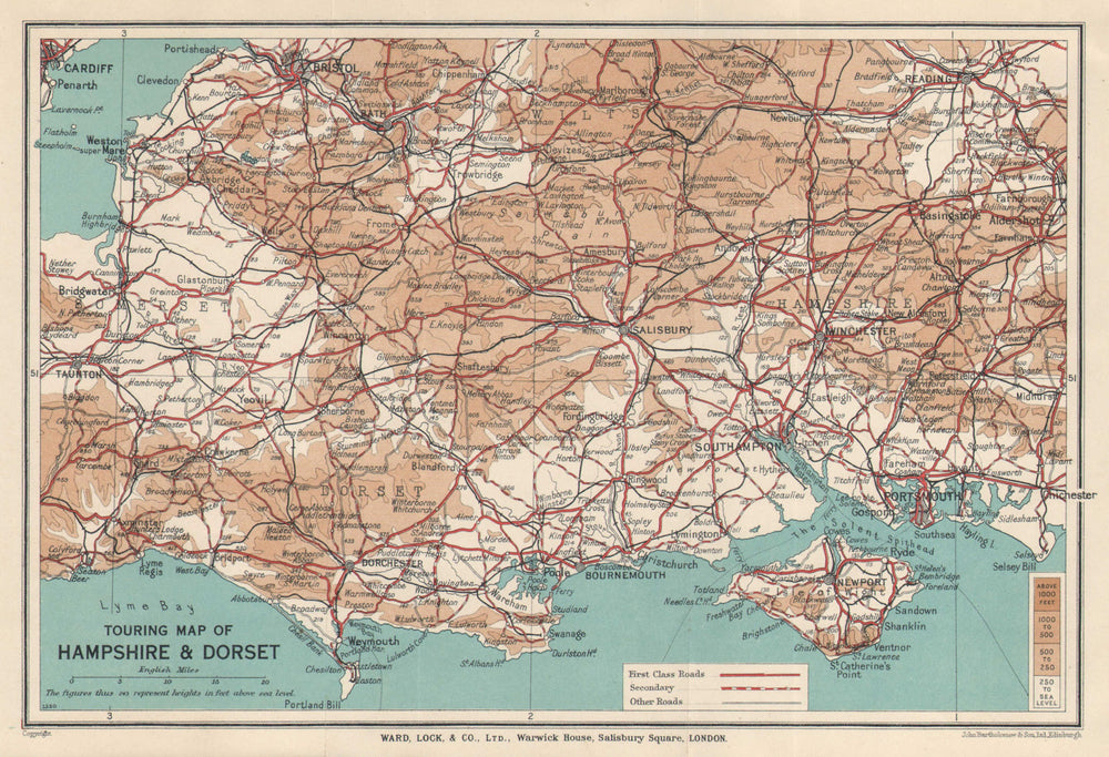 TOURING MAP OF HAMPSHIRE & DORSET. Wiltshire Somerset. WARD LOCK 1939 old