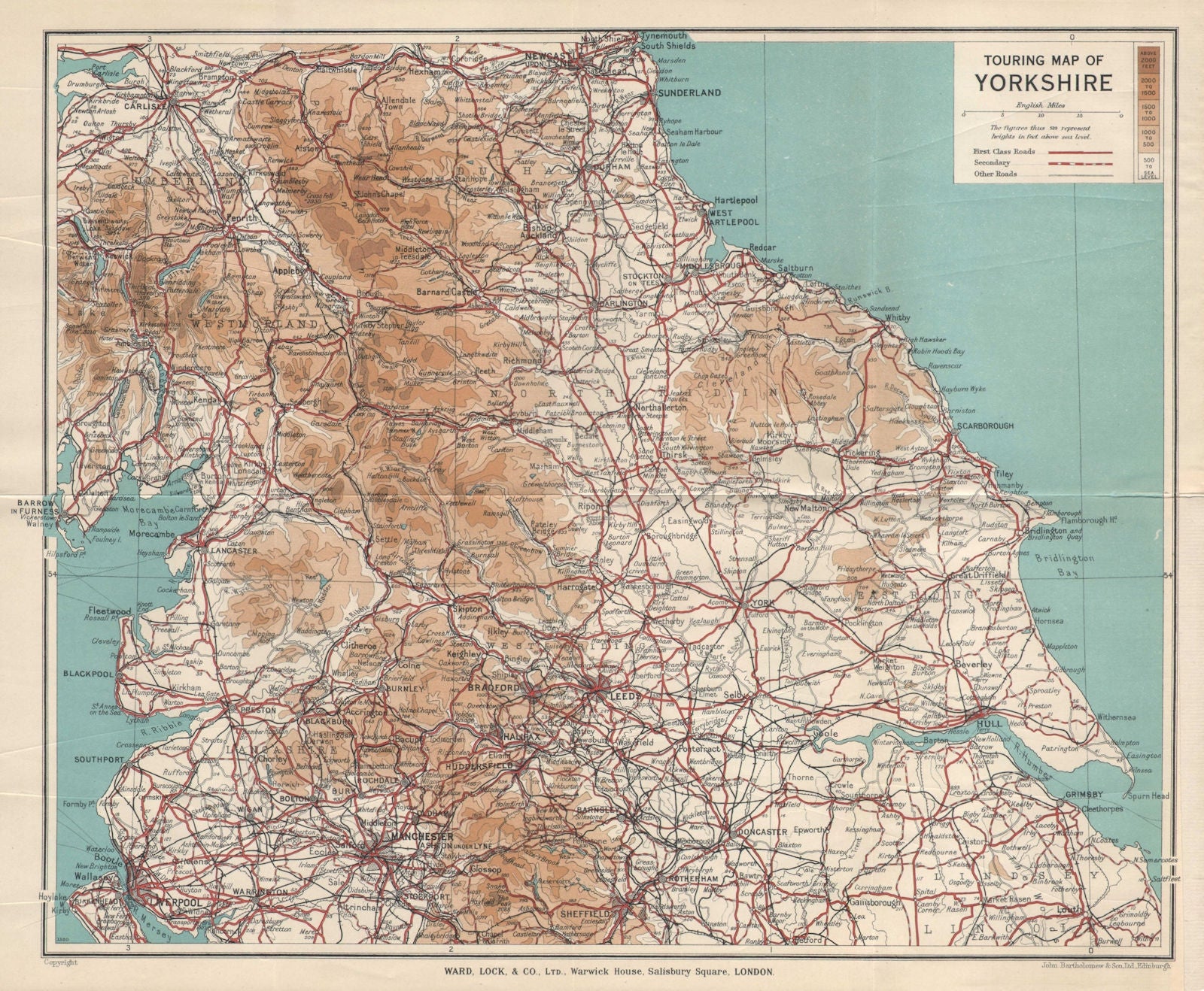 TOURING MAP OF YORKSHIRE & Northern England. Pre-motorways. WARD LOCK ...