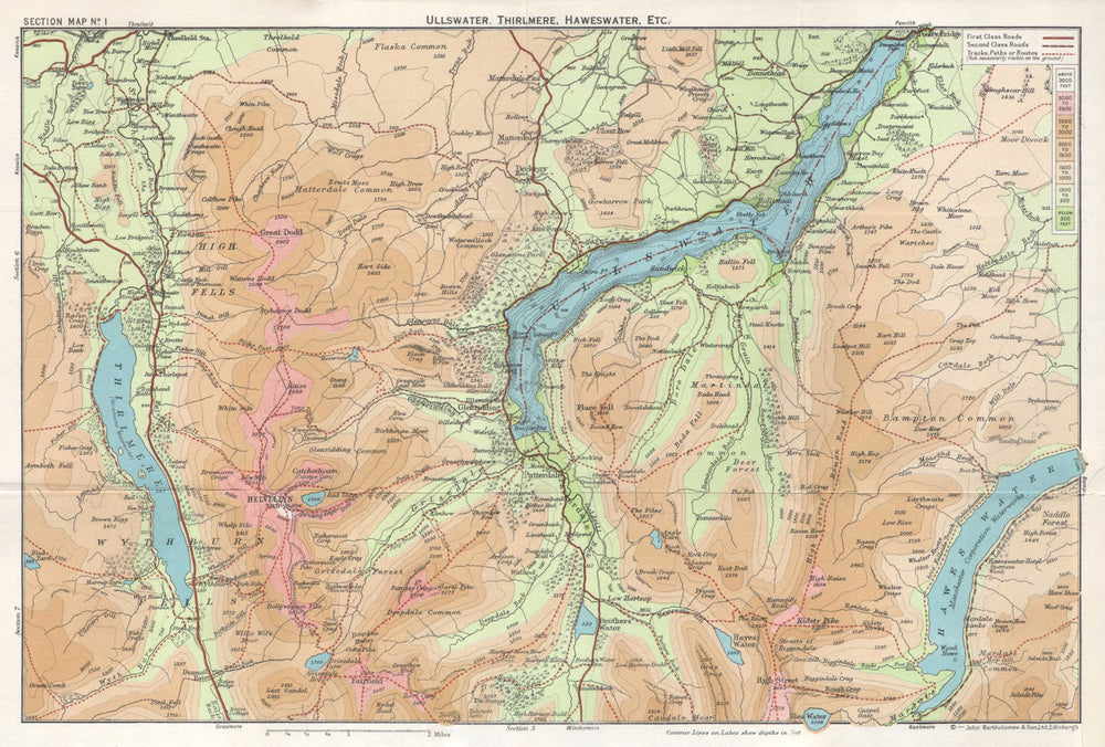 LAKE DISTRICT Ullswater Thirlmere Haweswater Grisdale Helvellyn Cumbria 1964 map