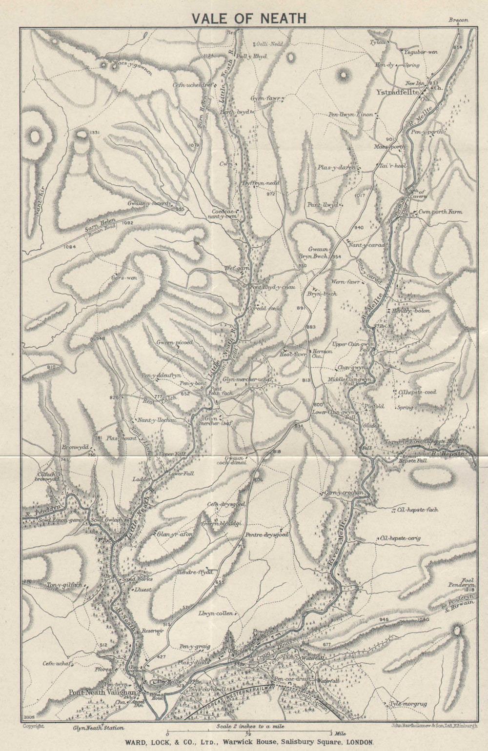 VALE OF NEATH vintage tourist map. South Wales valleys. WARD LOCK 1936 old