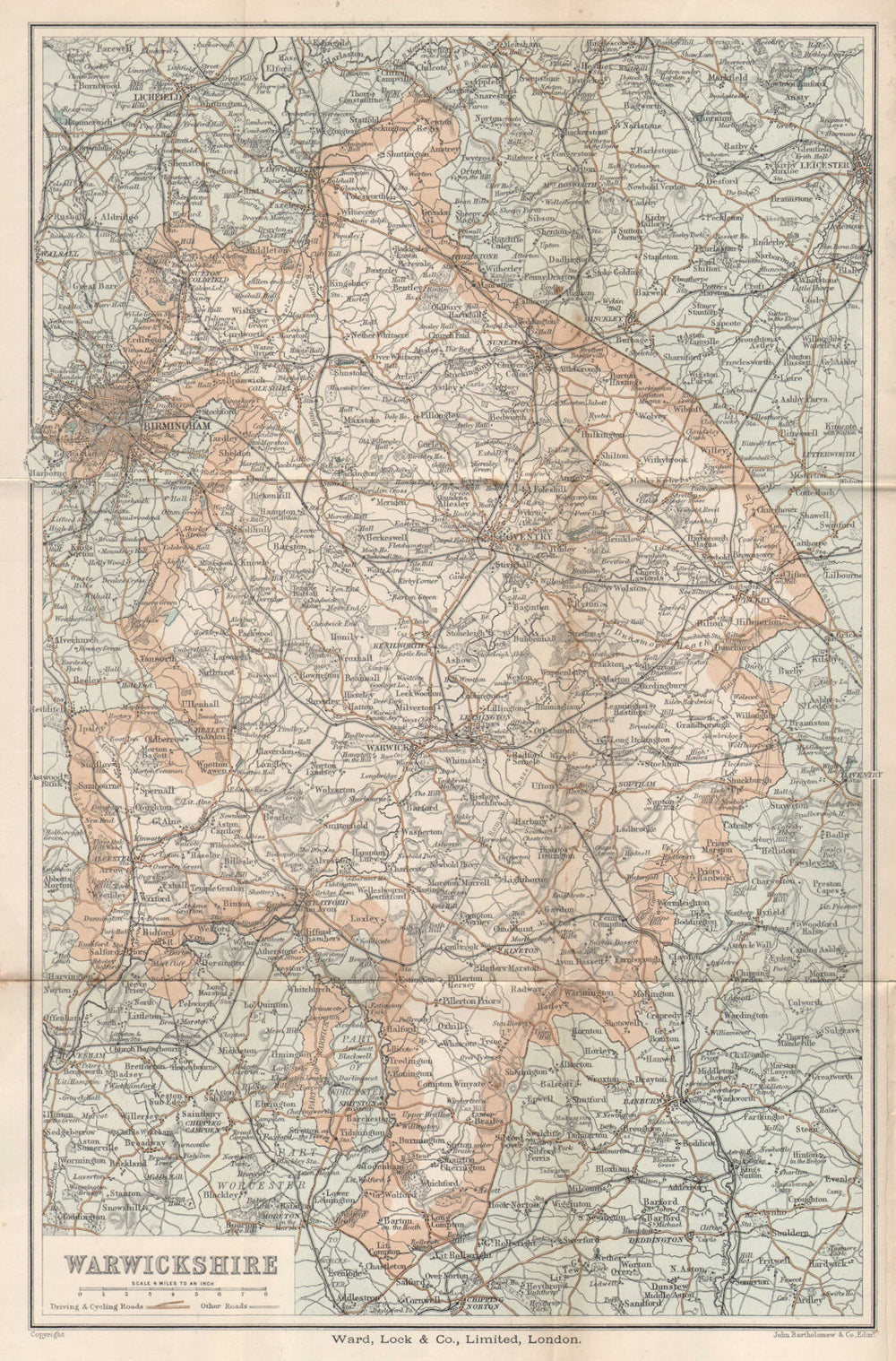 WARWICKSHIRE vintage county tourist map cycling driving roads WARD LOCK 1900