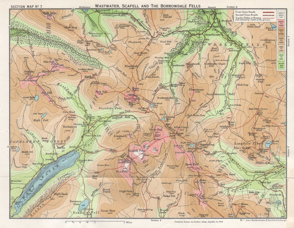 LAKE DISTRICT Wastwater Scafell Pike Borrowdale Fells Langdale Pikes 1964 map