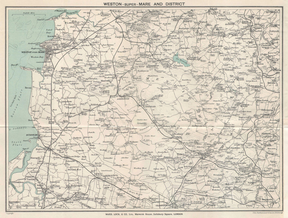 SOMERSET LEVELS & MENDIPS Weston-Super-Mare Wells Glastonbury WARD LOCK 1928 map