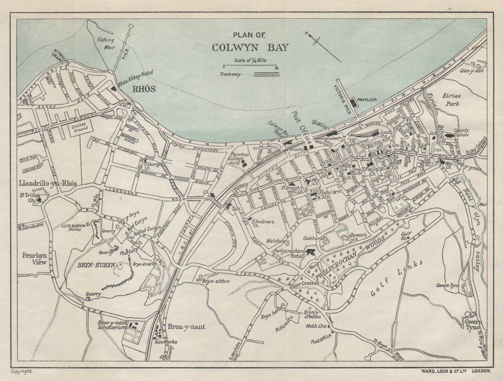 COLWYN BAY vintage town/city plan. Wales. WARD LOCK 1929 old vintage ...