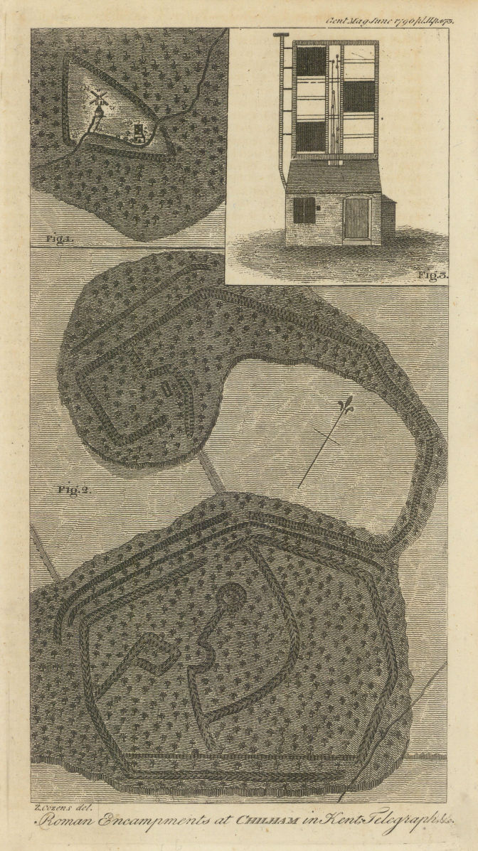 Roman encampments plan Chilham Kent. Telegraph on Shottenden Hill Kent 1796 map