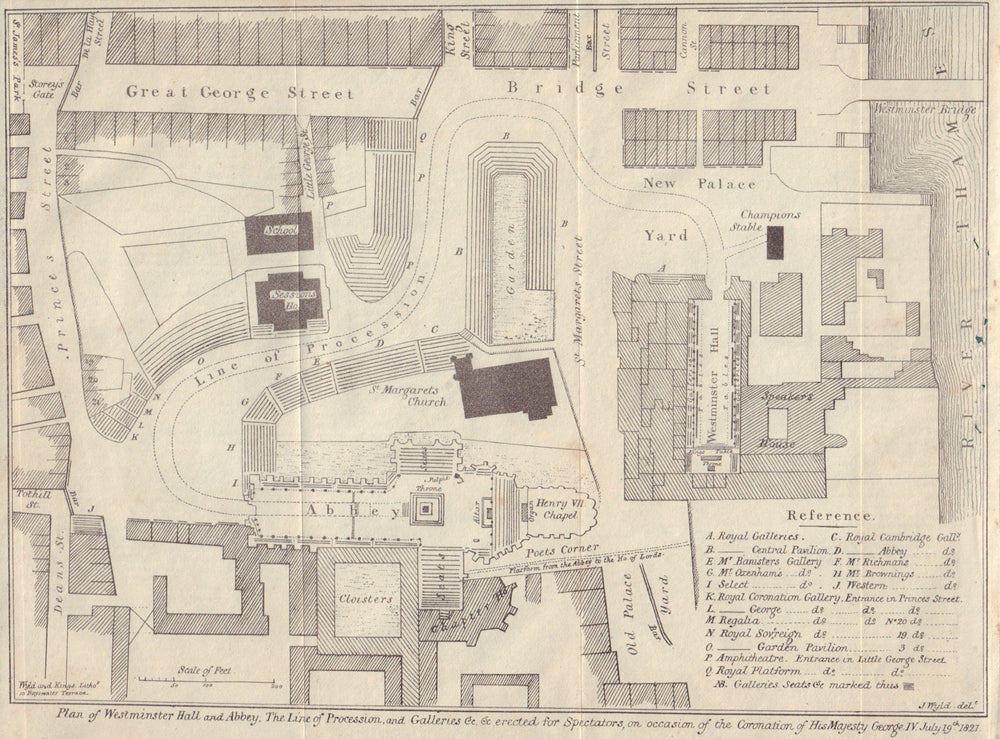 Westminster Hall & Abbey George IV Coronation plan 1821 London 1821 old map