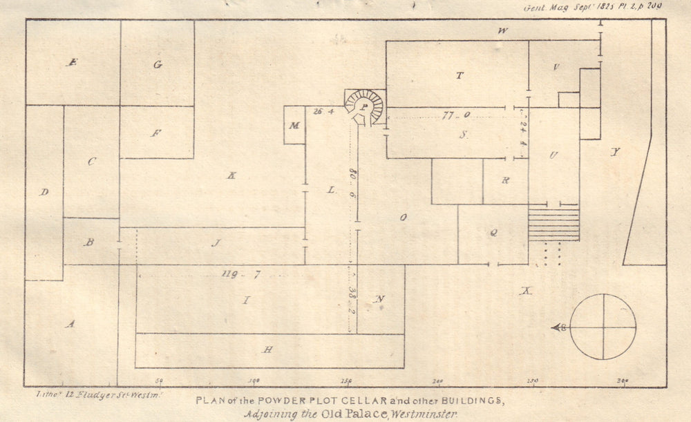 Gunpower plot cellar plan, Westminster Old Palace, London. Guy Fawkes 1825 map
