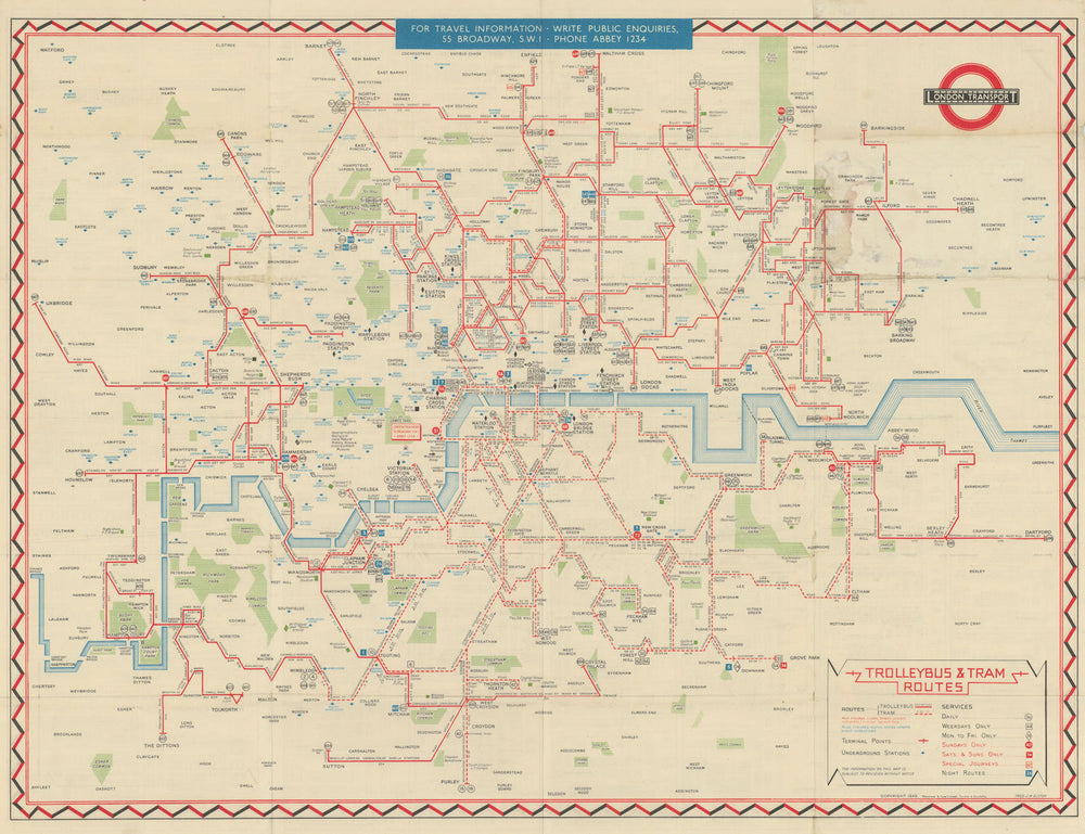London Transport Trolleybus & Tram map of Routes. ELSTON. #1 1946 old