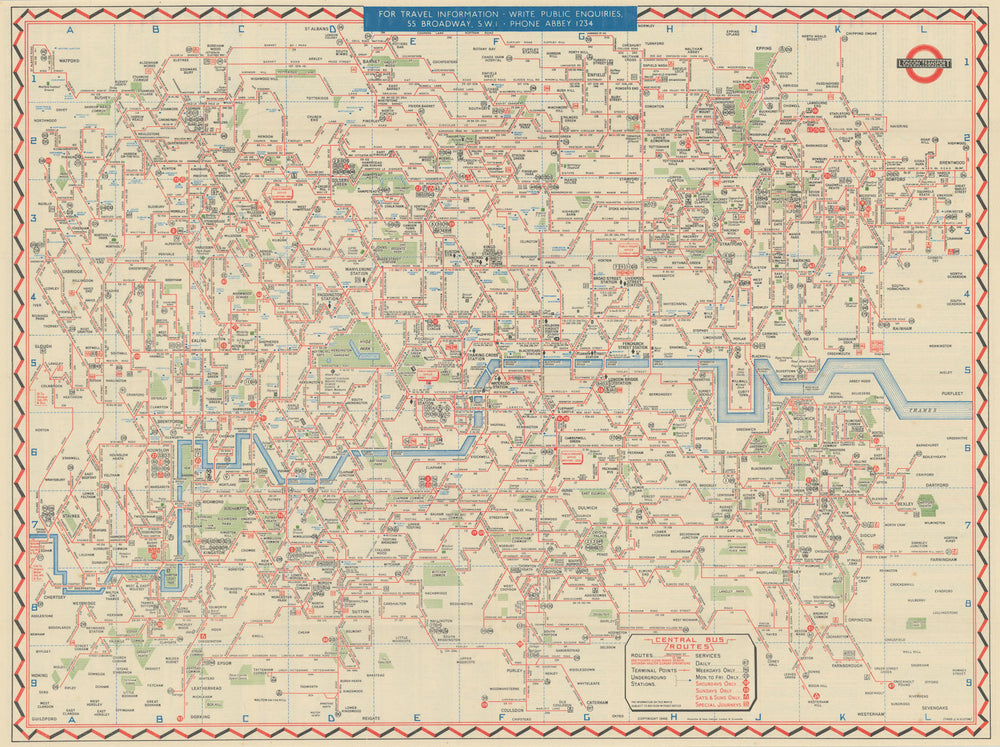 London Transport Bus map Central Area. ELSTON. #1 1946 old vintage chart