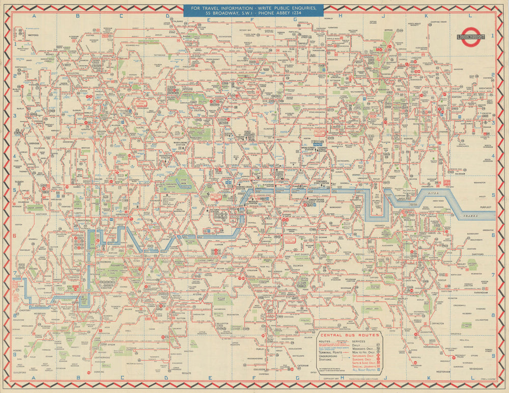 London Transport Bus map Central Area. ELSTON. #1 1947 old vintage chart