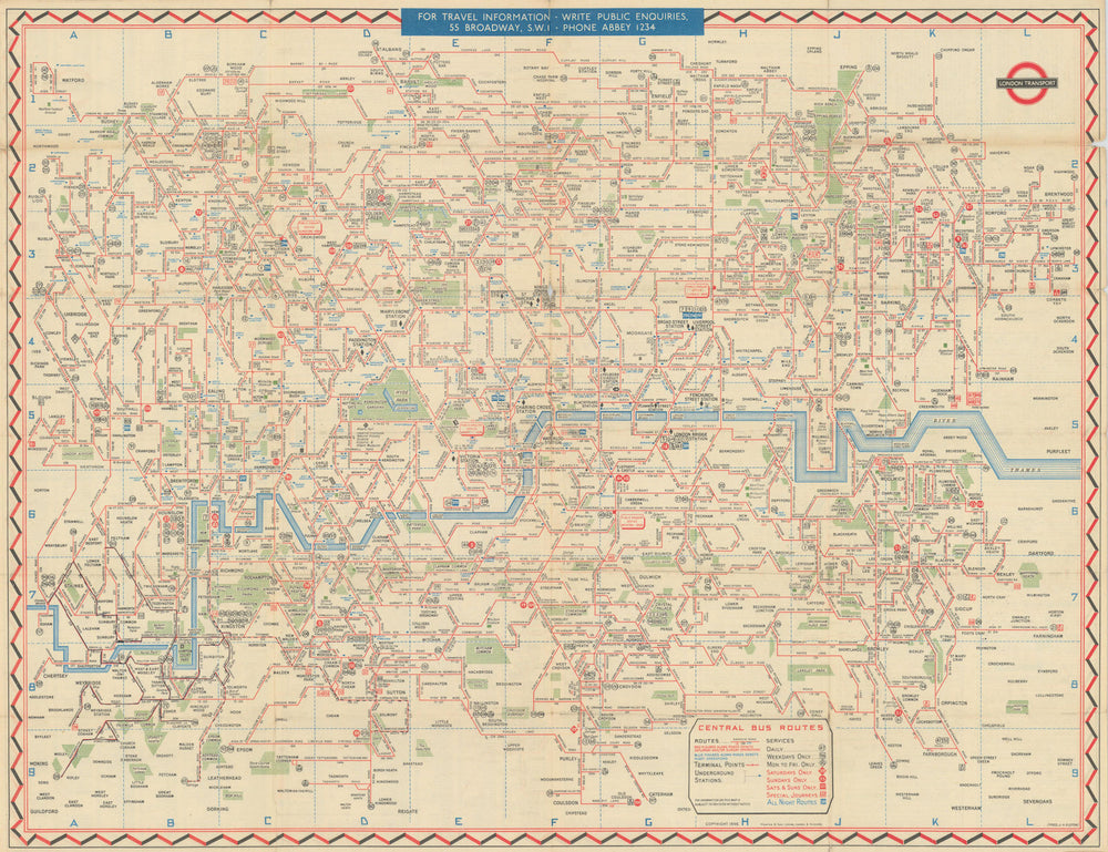 London Transport Bus map Central Area. ELSTON. #2 1947 old vintage chart