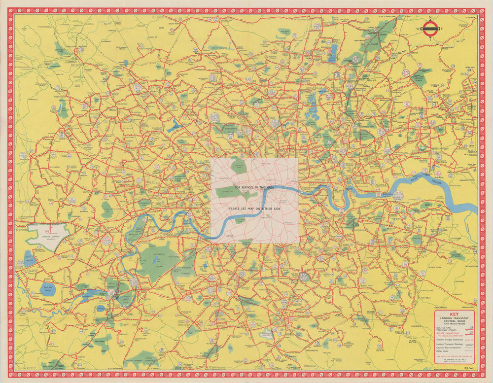 London Transport Bus map Central Area inc. Trolleybuses. LEWIS 1955 old