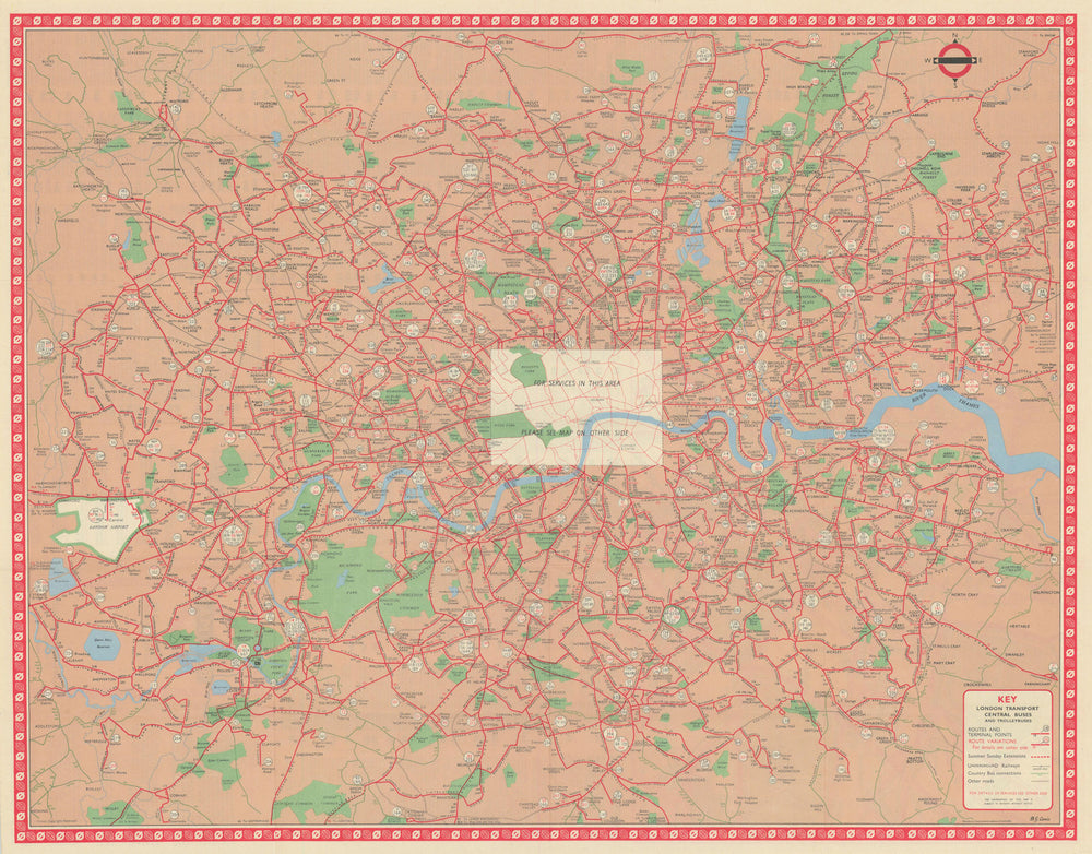 London Transport Bus map Central Area inc. Trolleybuses. LEWIS #1 1960 old