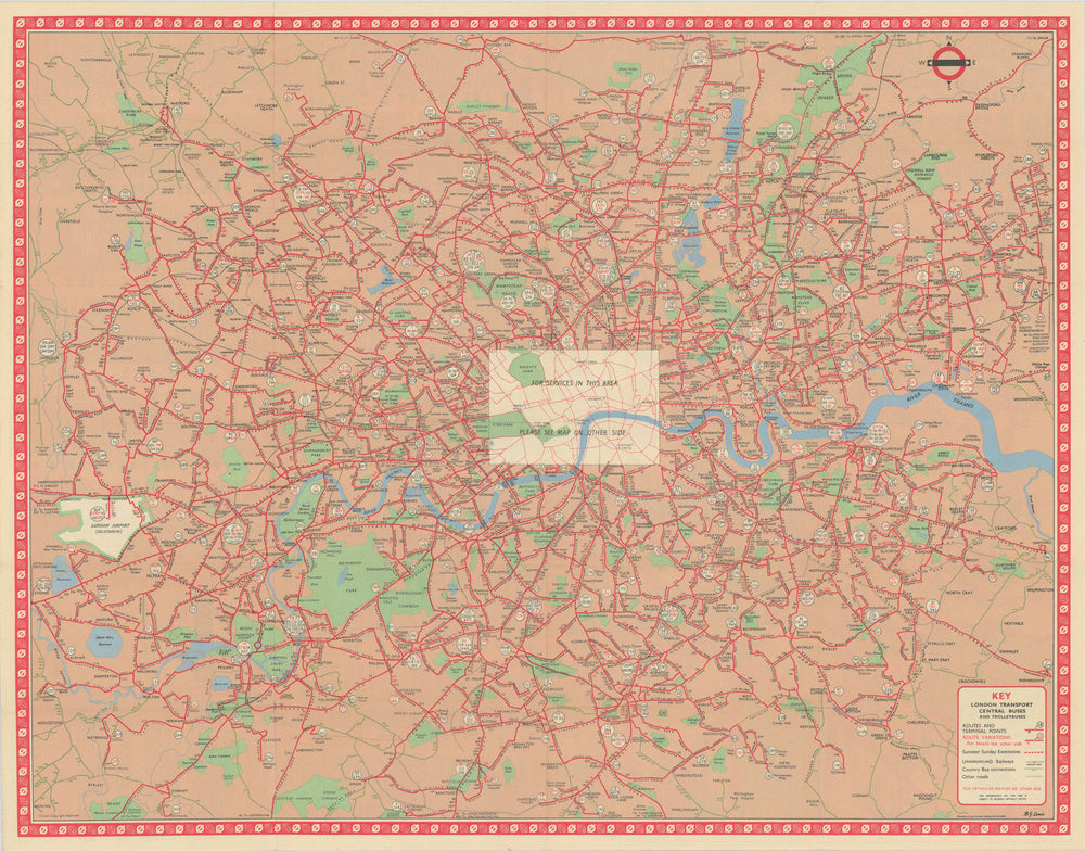 London Transport Bus map Central Area inc. Trolleybuses. LEWIS #4 1961 old