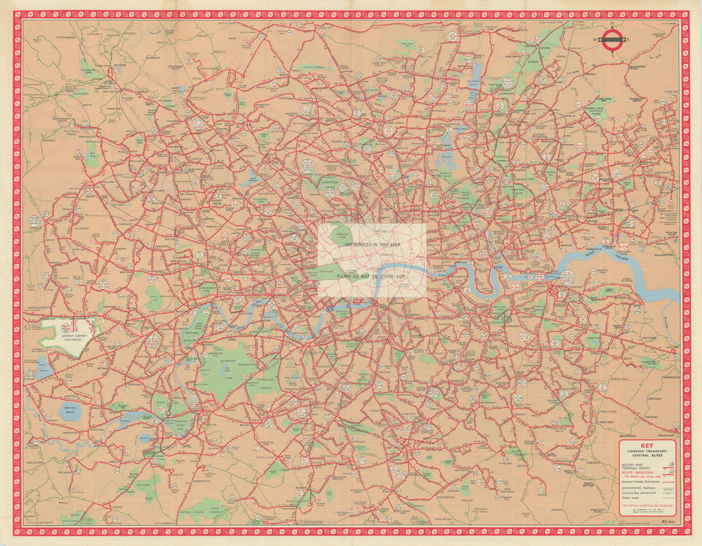 London Transport Central Buses map and list of routes. LEWIS #3 1962 old