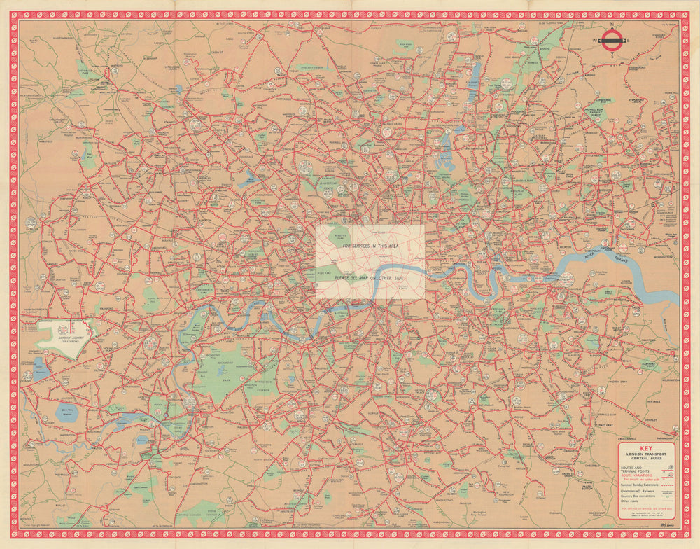 London Transport Central Buses map and list of routes. LEWIS #3R 1962 old