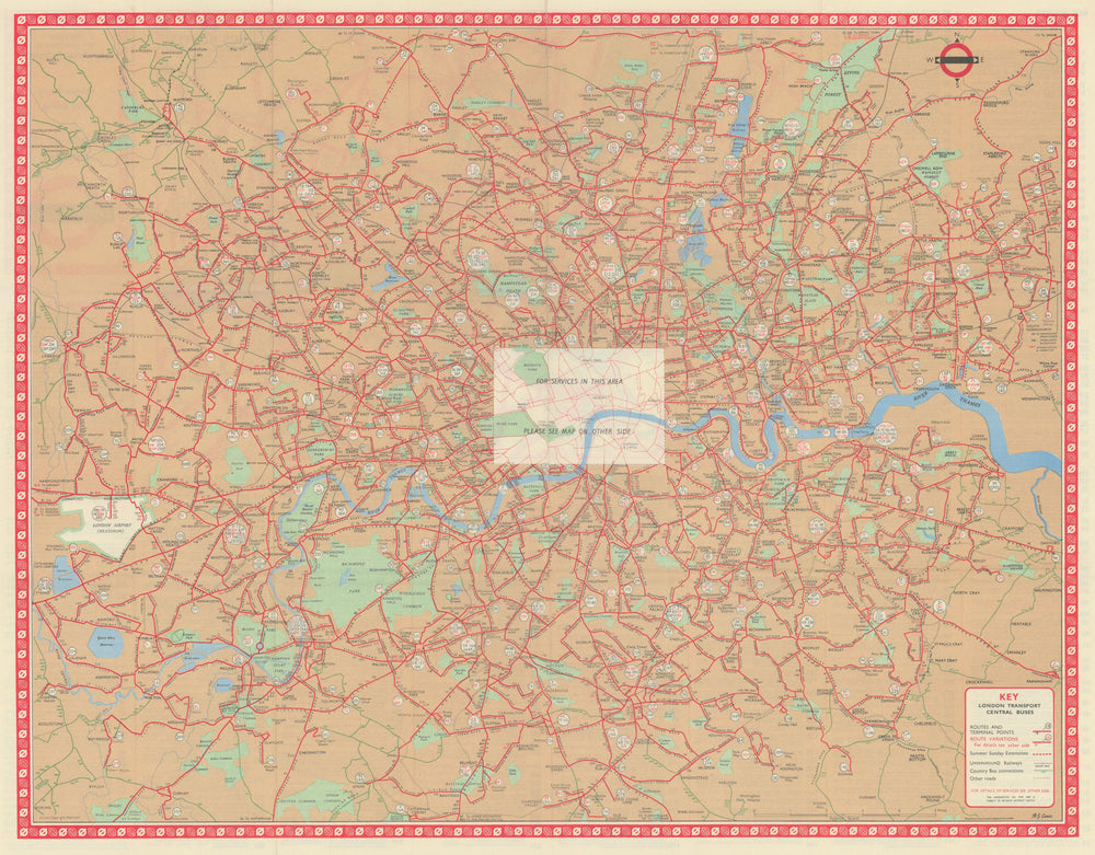 London Transport Central Buses map and list of routes. LEWIS #2 1963 old
