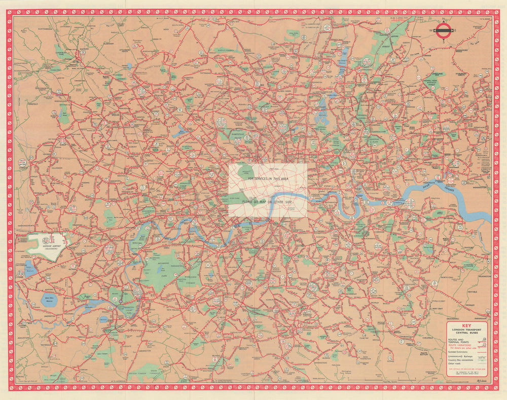 London Transport Central Buses map and list of routes. LEWIS #1 1965 old