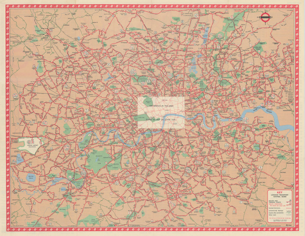 London Transport Central Buses map and list of routes. LEWIS #1R 1965 old