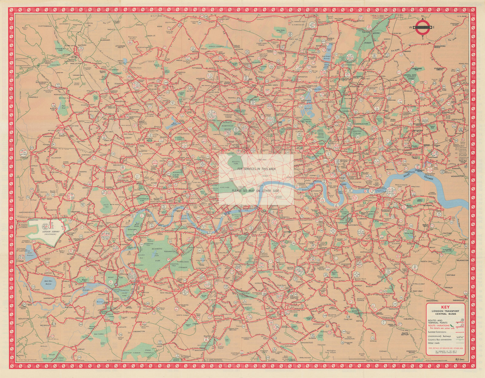 London Transport Central Buses map and list of routes. LEWIS #2 1965 ...