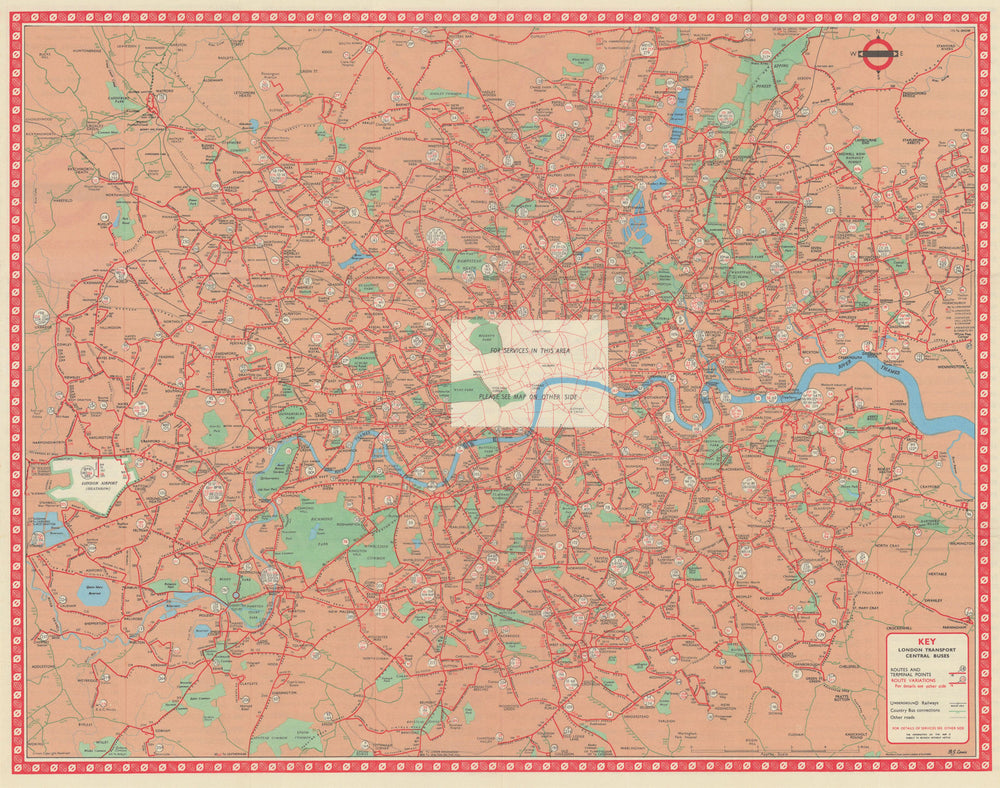 London Transport Central Buses map and list of routes. LEWIS #1 1967 old